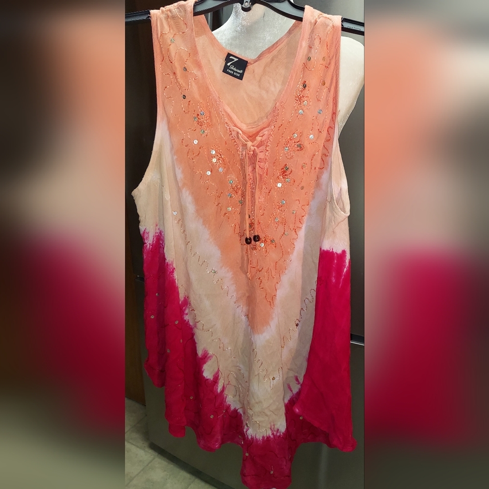 Womens 7 (Seven) Islands Sleeveless Pink Tan & Orange Flowing Beachy Top Shirt